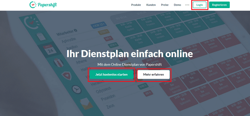 unterschiedliche CTA-Buttons auf der Startseite von Papershift