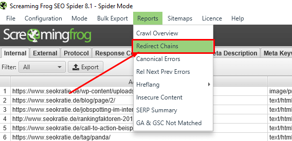 Export redirect chains mit dem screaming frog