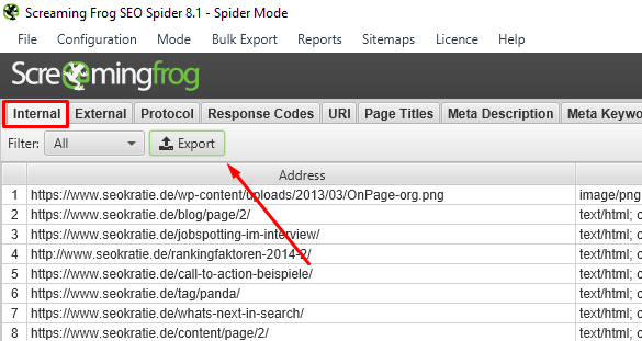 Export URLs Screaming Frog