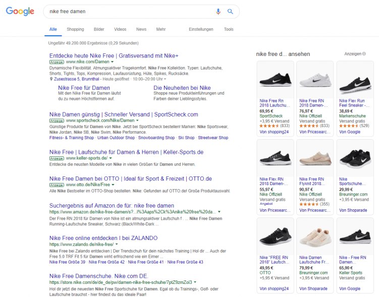 Screenshot von Google Suchergebnissen, Suche nach "nike free damen"