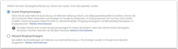 Screenshot aus dem Google Ads Konto zur Auswahl von Smart Shopping Unterkampagnenart. 