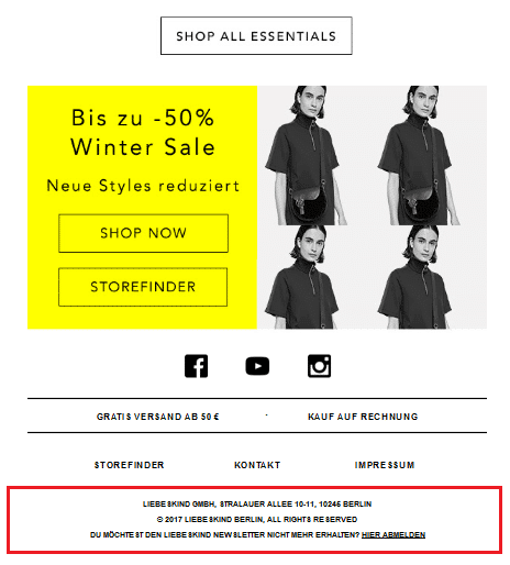 Zalando-Newsletter mit wichtigen Inhalten im Footer