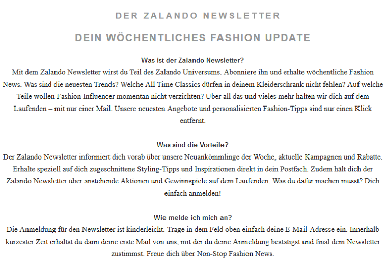 Anmeldung zum Newsletter bei Zalando