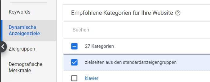 Die Auswahl der URL in den Standardanzeigengruppen bei Google Ads.