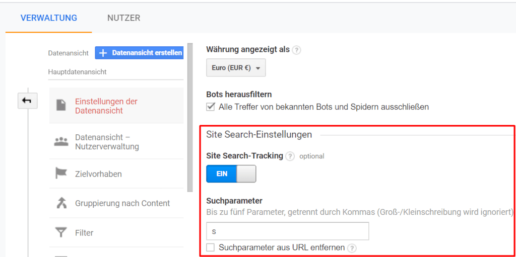 Site Search Aktivierung in Google Analytics