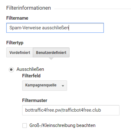 Beispiel Spam-Filter in Google Analytics