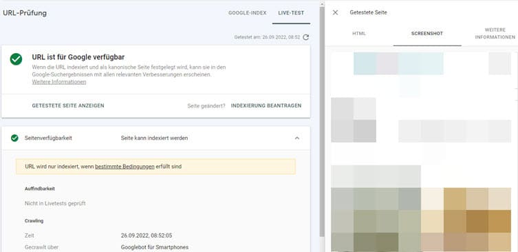 Live-Test im URL Prüftool der Google Search Console