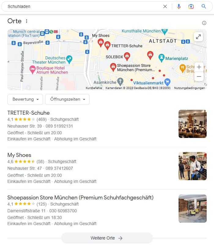 Schuhläden im Local Pack bei Google