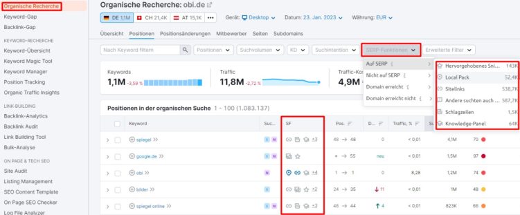 SERP Features bei Semrush