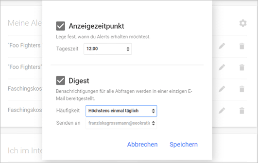 Screenshot Verwaltung von Google Alerts