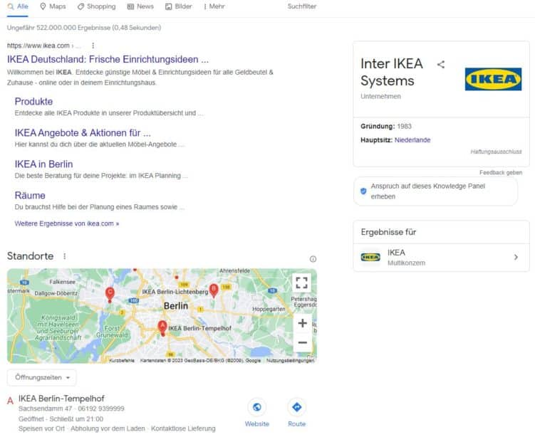 Screenshot von Suchergebnissen bei Google-Suche nach IKEA