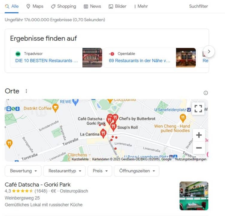 Screenshot von Suchergebnissen bei Google-Suche nach Restaurants in der Nähe