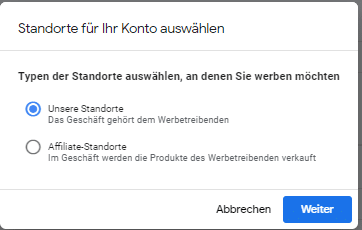 Screenshot der Google Ads Standortauswahl