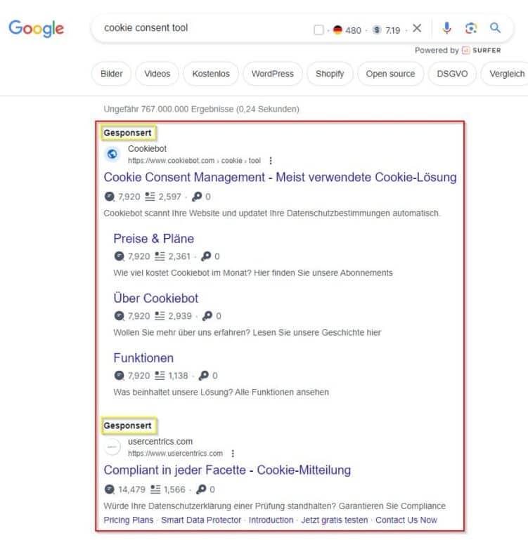 Beispiel für Google-Anzeige