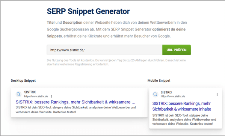 Snippet Generator Tool von Sistrix