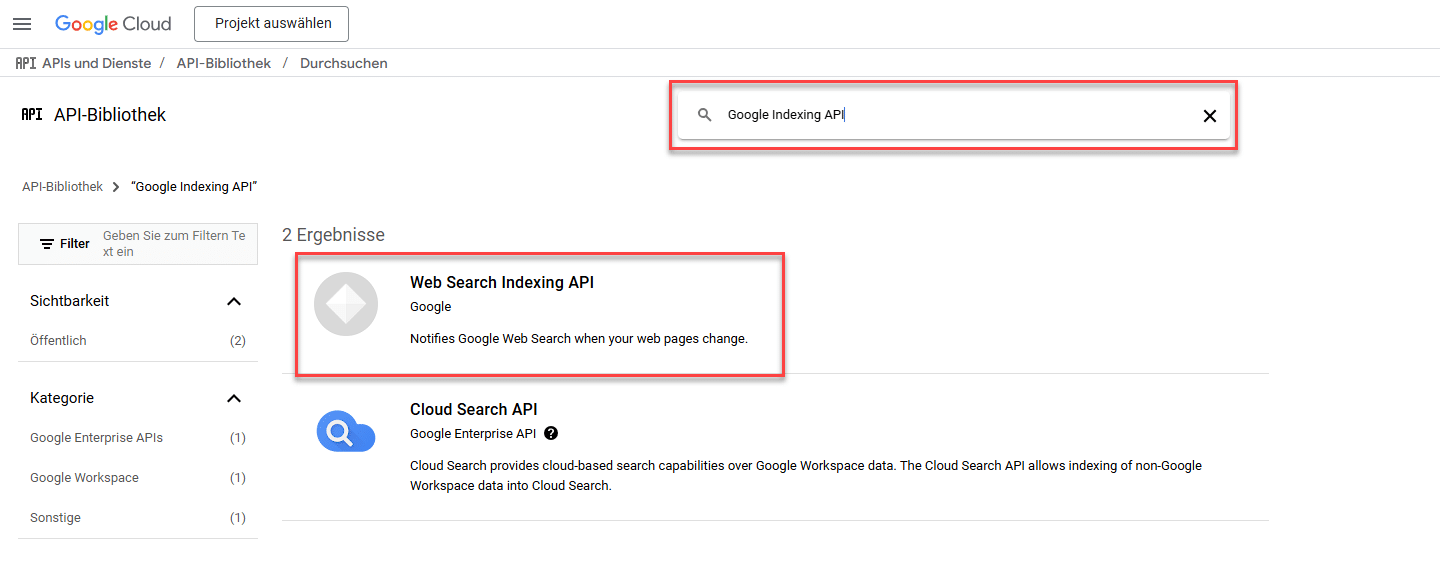 Screenshot der Indexing API in der Google Cloud.