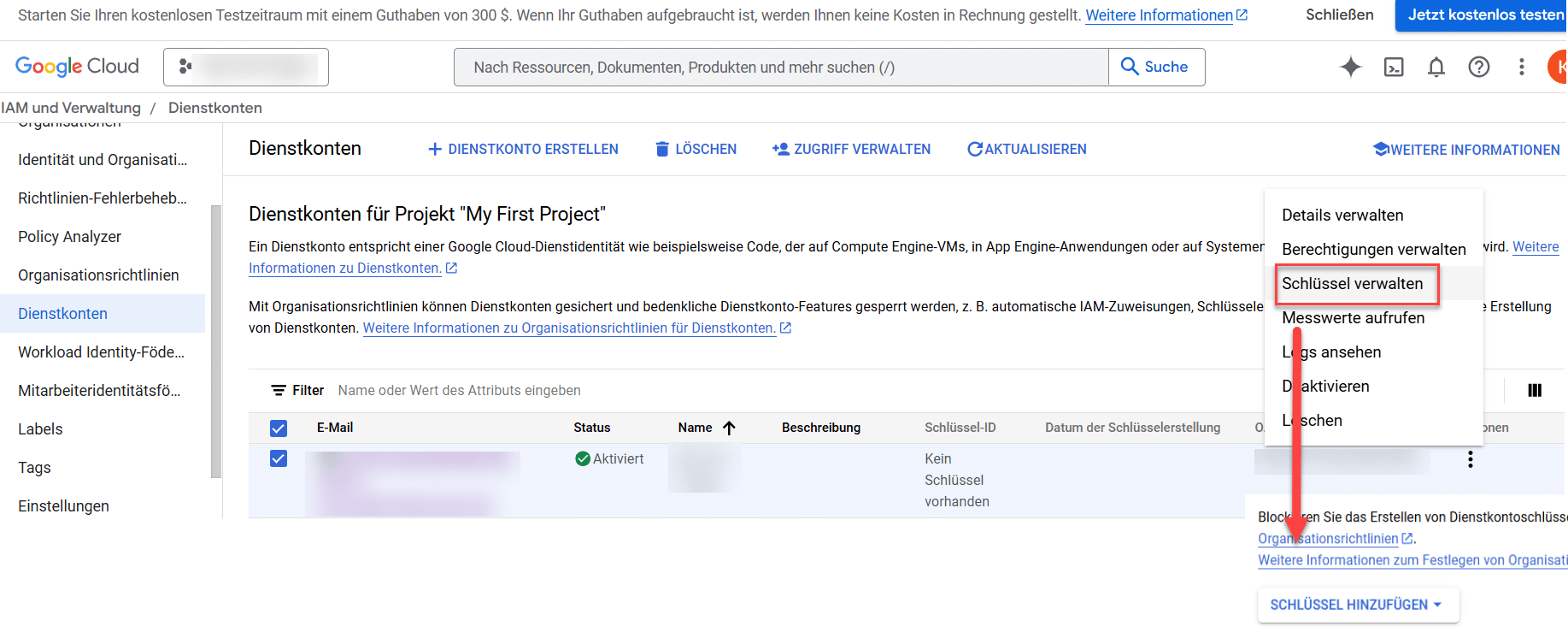 Der Screenshot zeigt, wie man für die Indexing API einen Schlüssel anlegt.