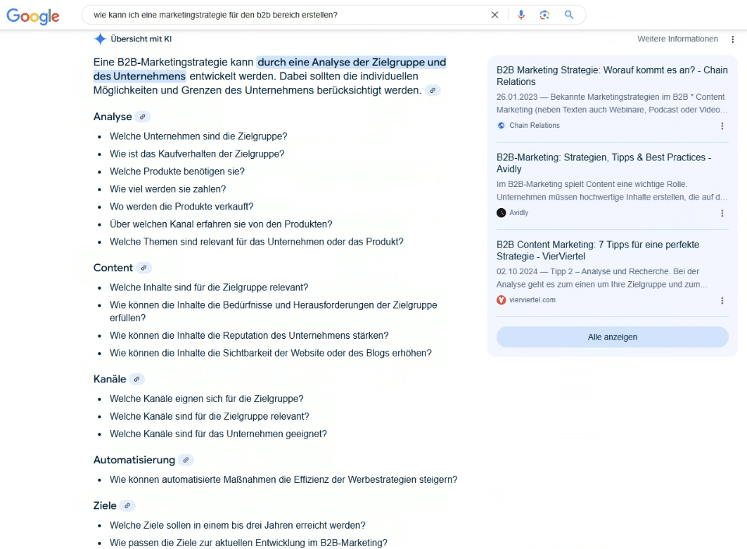 Beispiel Google AI Overviews Suche B2B-Marketinstrategie