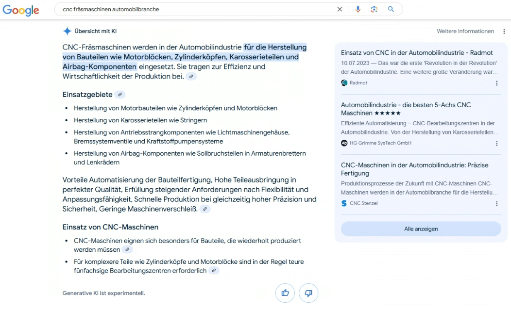 Google AI Overviews Beispiel CNC Fräßmaschine