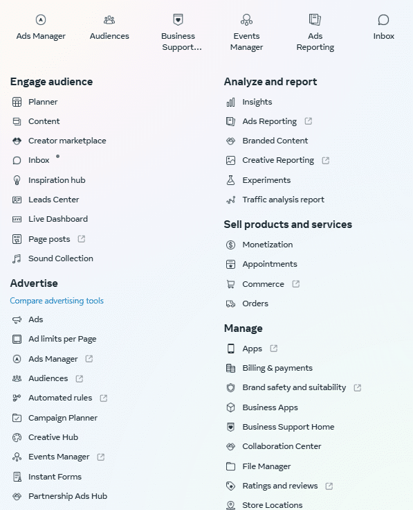 Screenshot der umfangreichen Tools der Meta Business Suite.