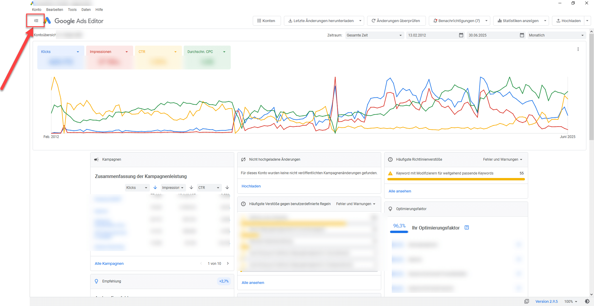 Screenshot der Benutzeroberfläche des Google Ads Editors mit Fokus auf den Button zum Ausklappen der Menü/Verwaltungsübersicht (oben links markiert). Sichtbar sind Leistungsdiagramme, Kampagnenübersicht, Optimierungsfaktor und Warnhinweise.