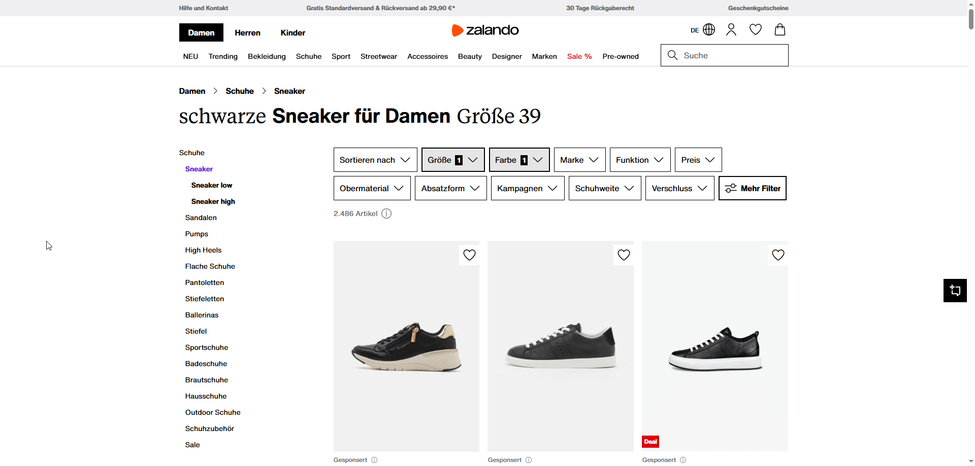Das Bild zeigt eine Filterseite von Zalando hinsichtlich SEO.