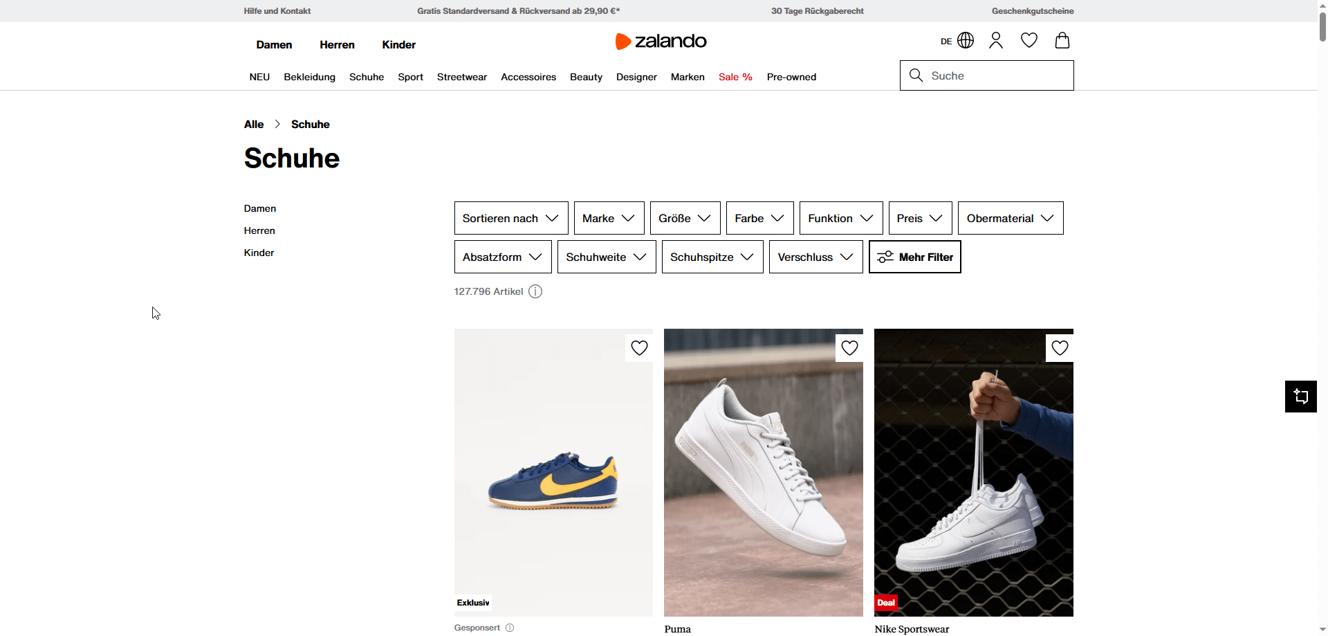 Das Bild zeigt die Hauptkategorie Schuhe von Zalando hinsichtlich SEO.