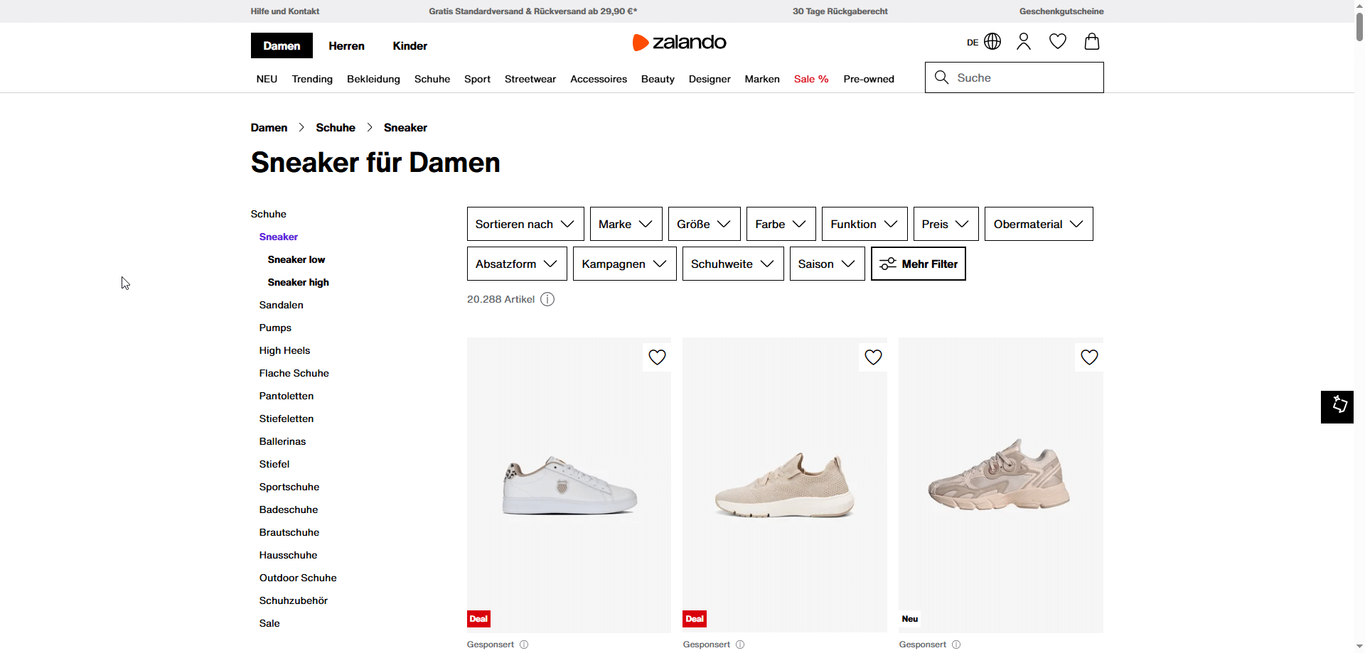 Das Bild zeigt die Subkategorie Sneaker für Damen von Zalando hinsichtlich SEO.