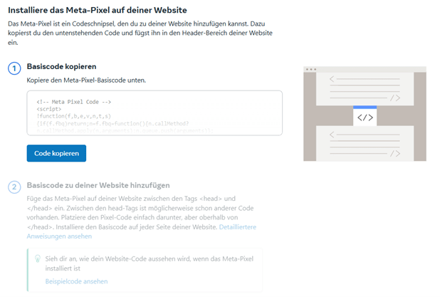 Das Screenshot zeigt, dass der Facebook Pixel und direkt in die Website integriert werden kann.