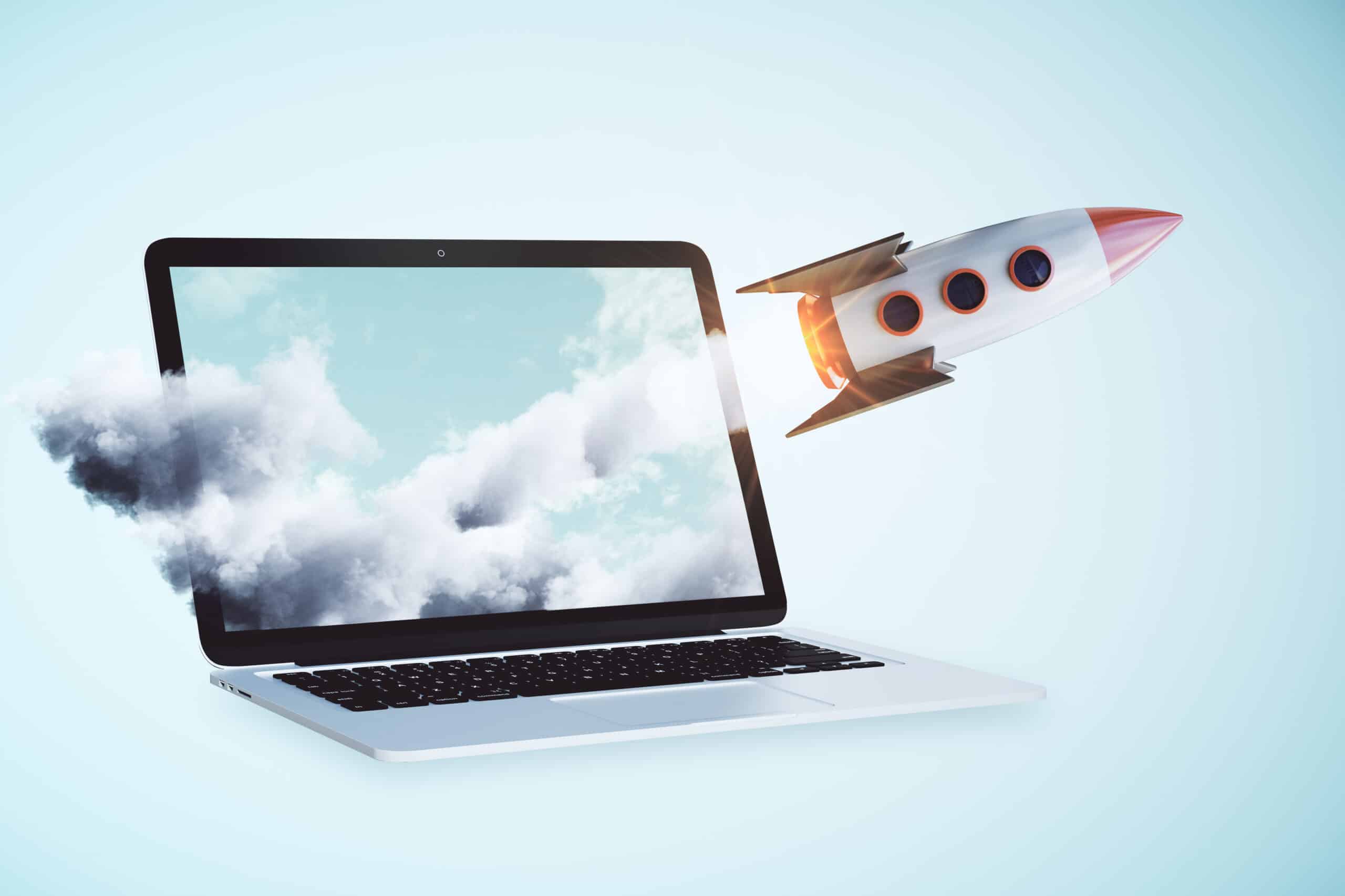  Eine Rakete, die aus einem Laptop in die Höhe fliegt. Symbolisiert die strategische Bedeutung einer passenden Google Ads-Kampagnenstruktur für die Performance.