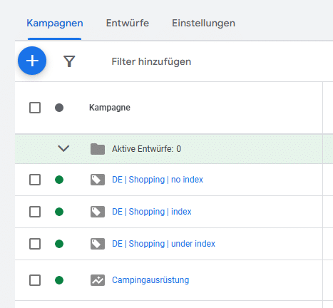 Dieses Bild zeigt einen Screenshot aus dem Google Ads-Interface, das vier verschiedene Kampagnen zeigt, die nach Produktperformance und Produktkategorie strukturiert wurden.