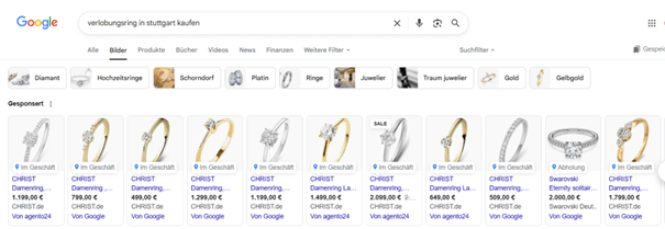 Ein Screenshot aus den Google-SERPs der viele verschiedene LIA-Produktanzeigen für Verlobungsringe anzeigt, die im Ladengeschäft abgeholt werden können.