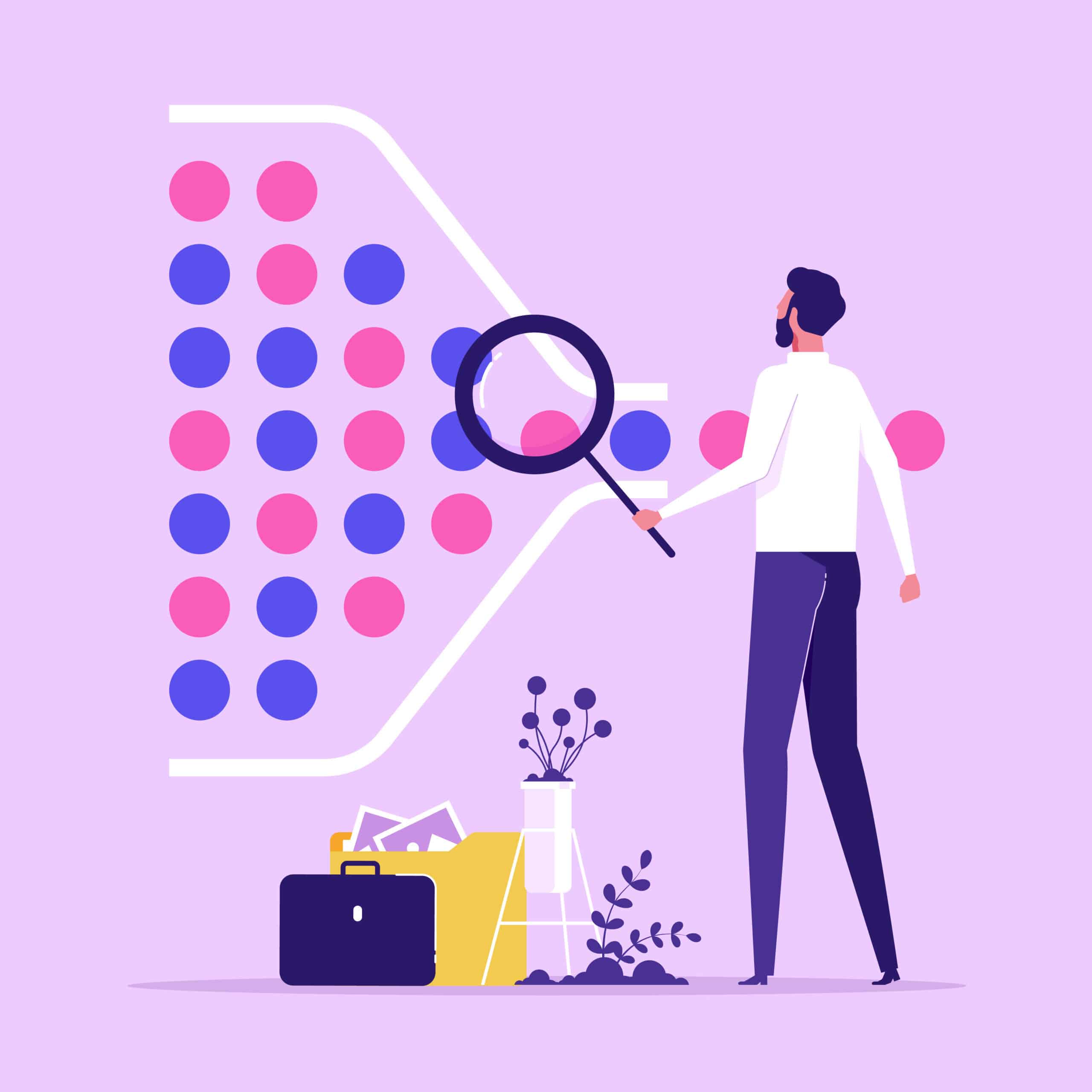 Illustration eines Mannes mit Lupe vor einem stilisierten Sales-Funnel mit pinken und blauen Kreisen, die durch einen Trichter laufen. 