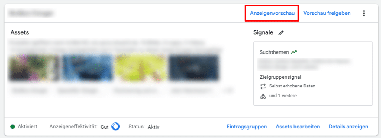 Übersicht einer Performance Max Asset-Gruppe mit aktiver Anzeigenvorschau, Anzeigeeffektivität „Gut“, aktivem Status und eingeblendeten Suchthemen- sowie Zielgruppensignalen. 