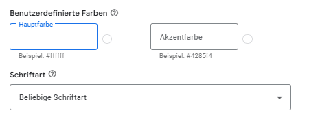 Einstellungsmenü für benutzerdefinierte Farben und Schriftarten in Performance Max Kampagnen. Es werden Optionen für Hauptfarbe, Akzentfarbe und Schriftart angezeigt, die zur Anpassung des Anzeigen-Brandings genutzt werden können. 