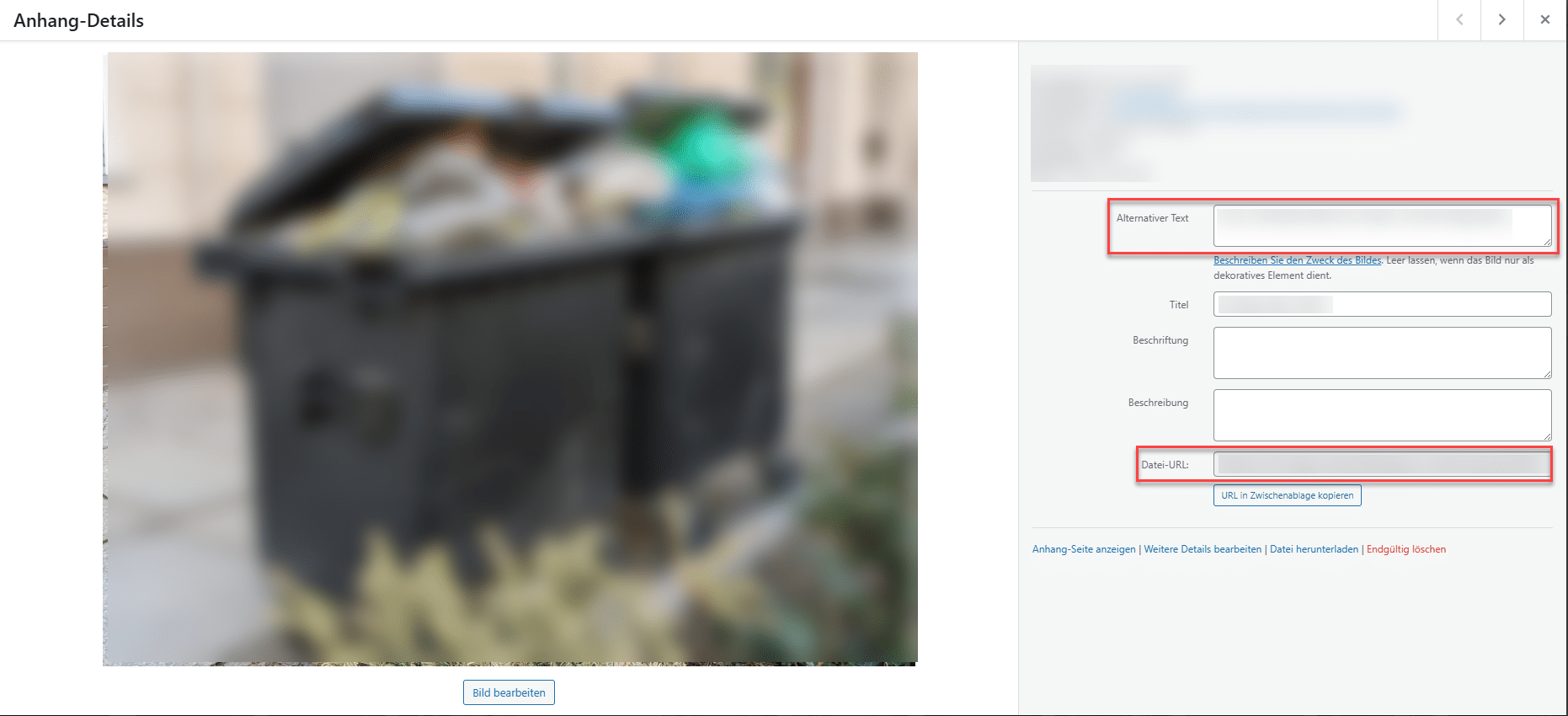 WordPress-Backend zeigt die auszufüllenden Bildinformationen.