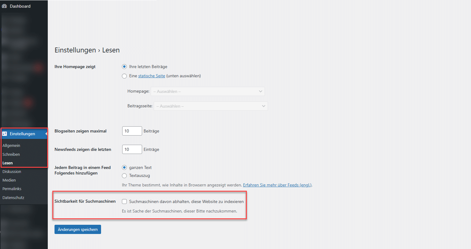 WordPress-Backend zeigt die Indexierungseinstellungen.