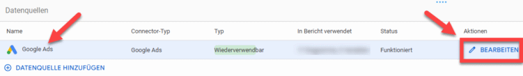 Screenshot der Datenquellen-Übersicht in Looker Studio mit markierter Option „Bearbeiten“ zur Umbenennung der Datenquelle.