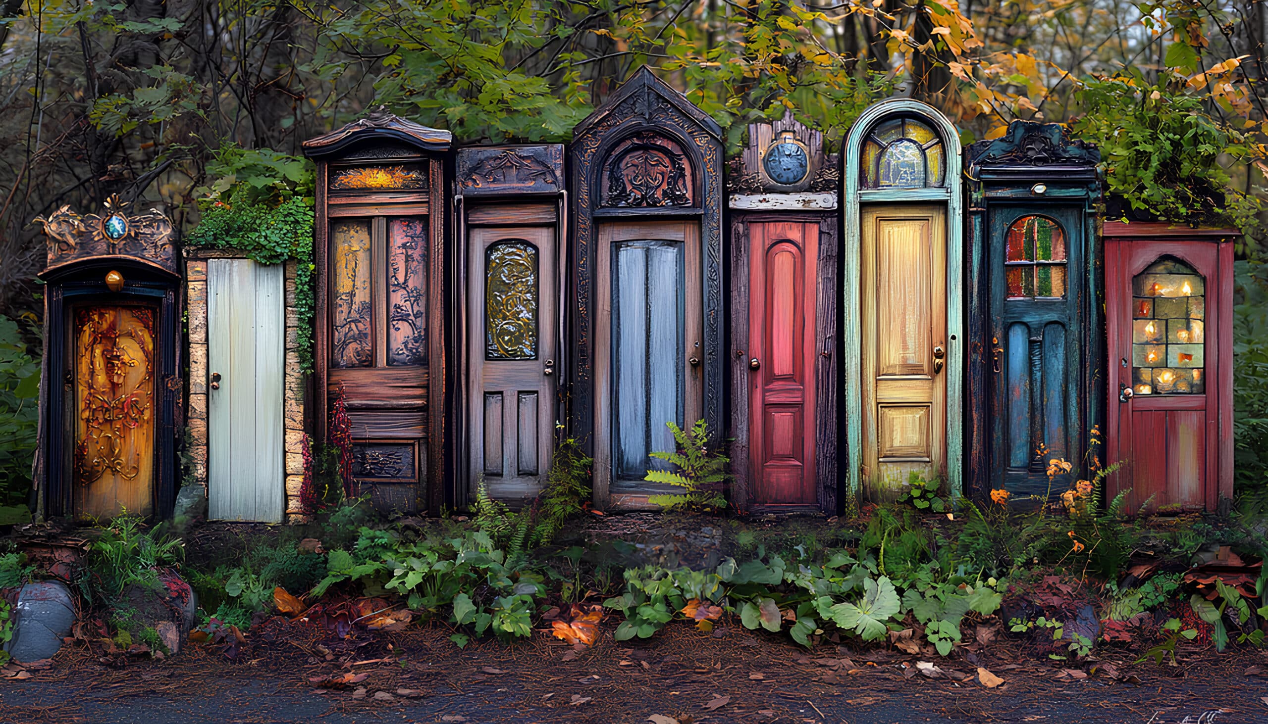 Mehrere unterschiedlich gestaltete Türen stehen nebeneinander im Wald. Sie symbolisieren die Vielfalt möglicher Google-Shopping-Kampagnenstrukturen und die Notwendigkeit, den passenden, klaren und lebendigen Weg für die eigene Strategie zu wählen.