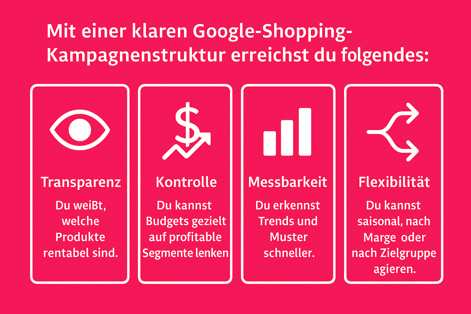 Grafik mit vier Vorteilen einer klaren Google-Shopping-Kampagnenstruktur: Transparenz durch Einblick in rentable Produkte, Kontrolle über Budgetverteilung, Messbarkeit von Trends und Flexibilität bei saisonaler oder zielgruppenbezogener Aussteuerung. Überschrift und Icons auf pinkem Hintergrund.