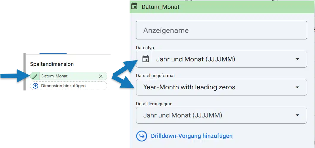 Screenshot zur Darstellungsanpassung des Datums