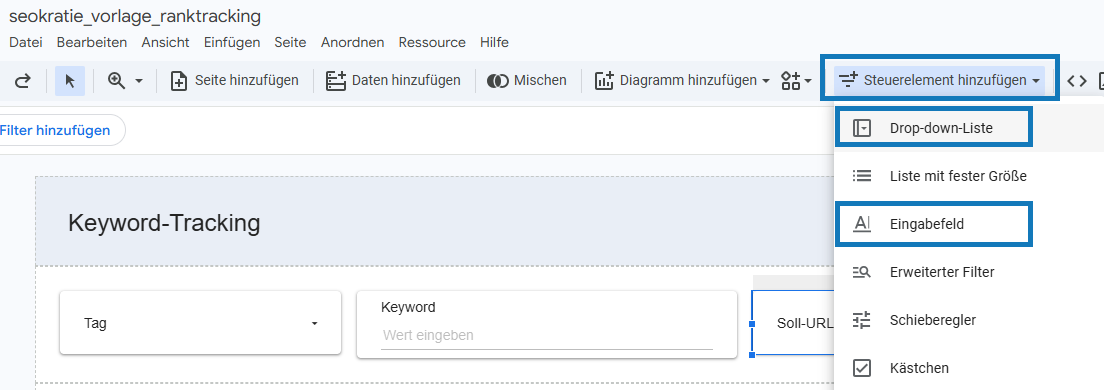 Screenshot Steuerelement Filter hinzufügen