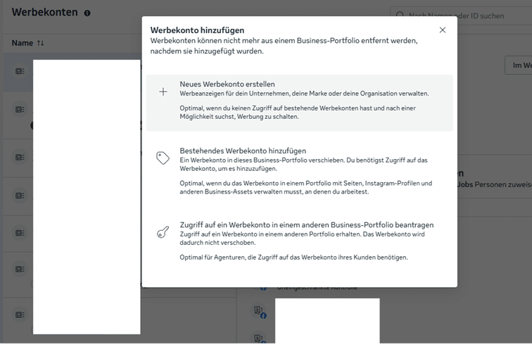 Screenshot aus dem Facebook Business Manager - ein Werbekonto erstellen.