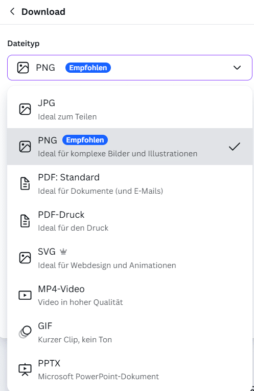 Screenshot der Download-Maske in Canva.