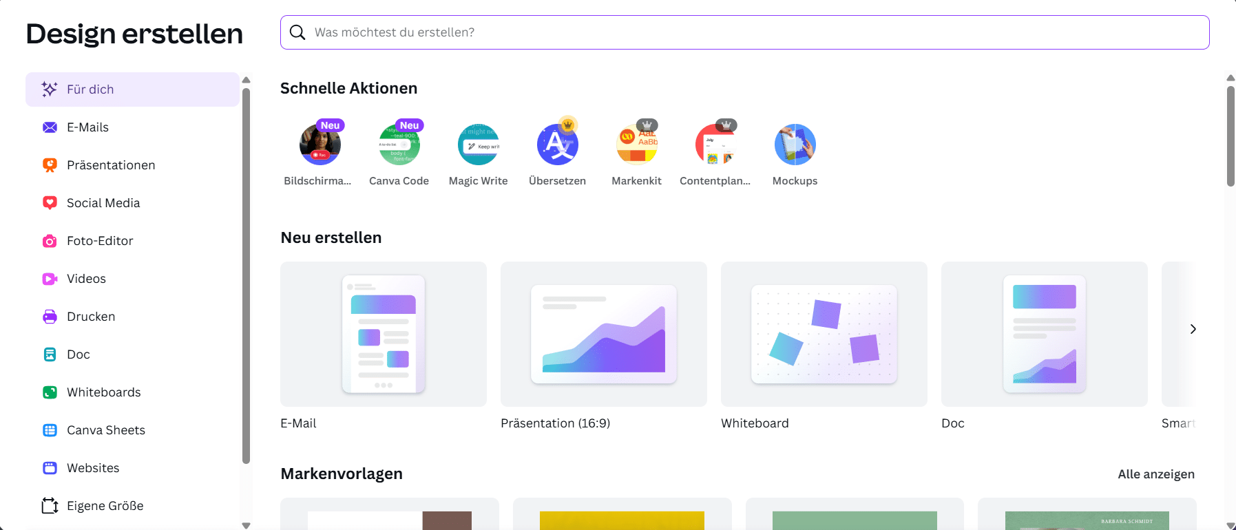 Screenshot: Erstellen eines neuen Designs in Canva.