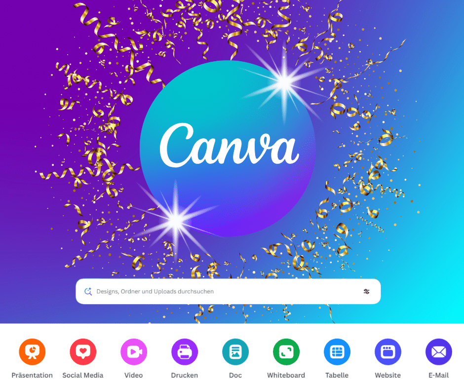 Canva-Startseite mit buntem Farbverlauf, Konfetti und Suchleiste für Designvorlagen