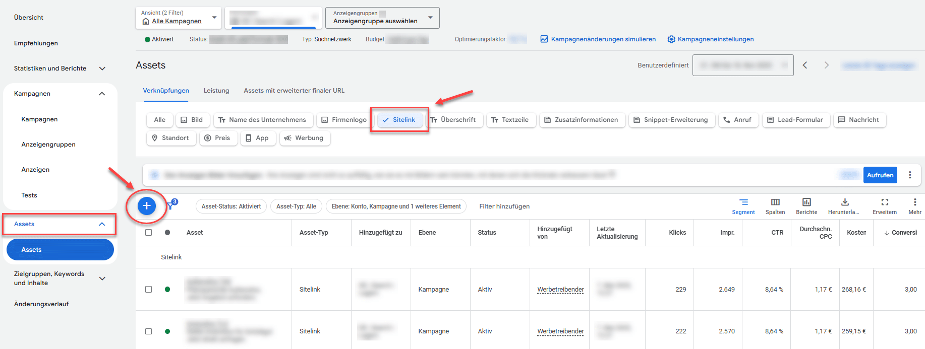 Screenshot der Google Ads Asset-Übersicht für das Erstellen eines neuen Sitelinks