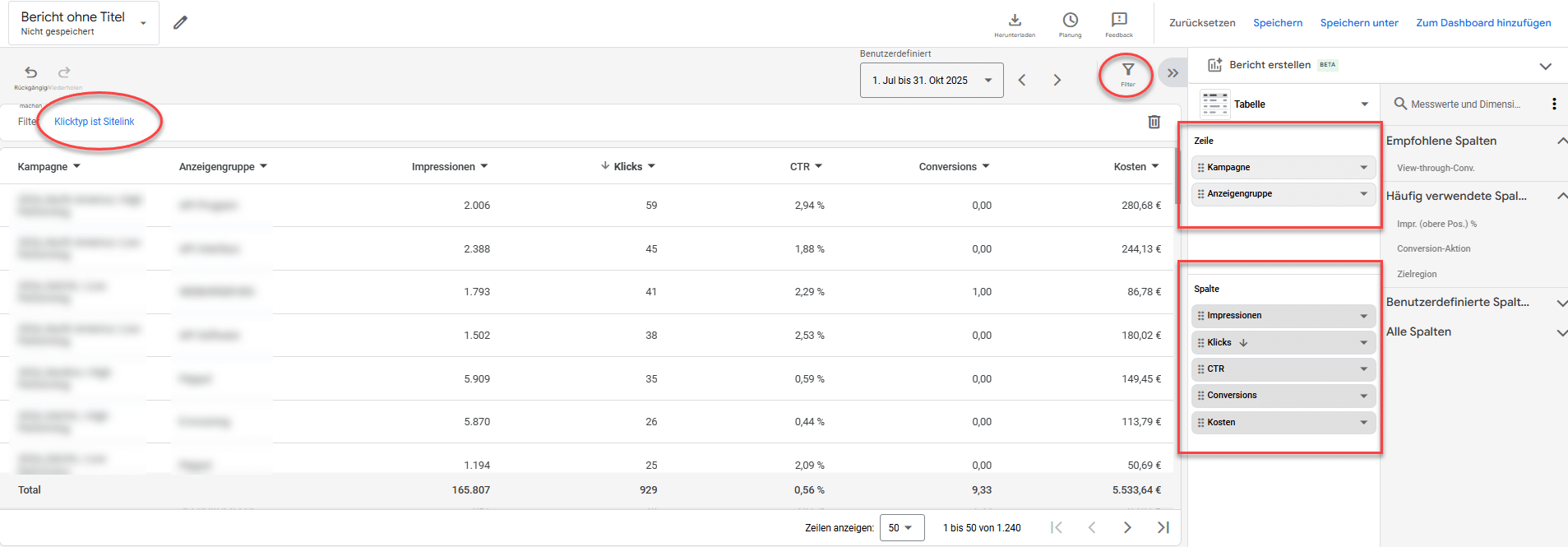 Screenshot eines benutzerdefinierten Google Ads Berichts mit Filter „Klicktyp ist Sitelink“ und Tabellenkonfiguration.