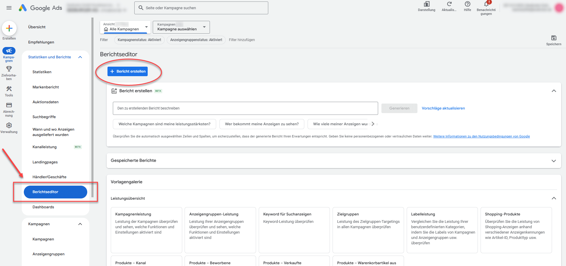 Screenshot des Google Ads Berichtseditor für das Erstellen eines individuellen Reports