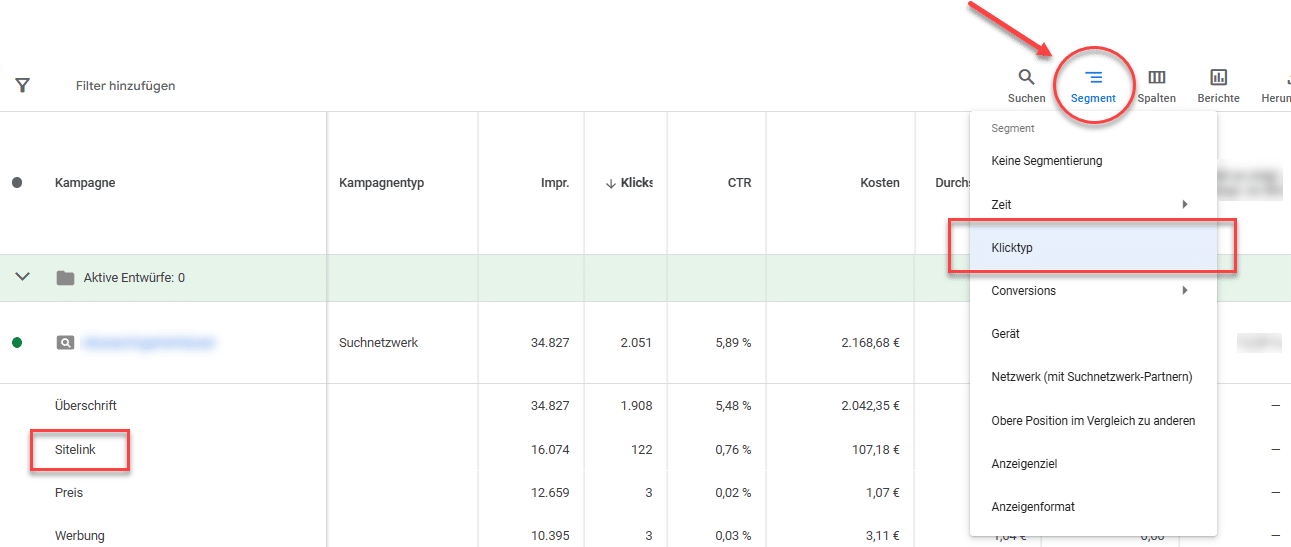 Screenshot der Google Ads Oberfläche mit geöffneter Segmentierungsfunktion nach „Klicktyp“ für die Auswertung von Sitelink-Klicks.